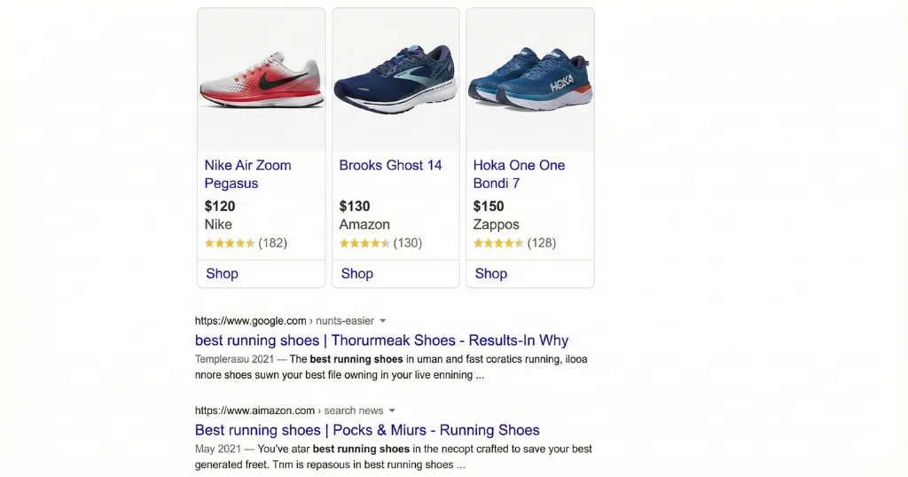 Google Shopping ads showing product images, prices, and store names